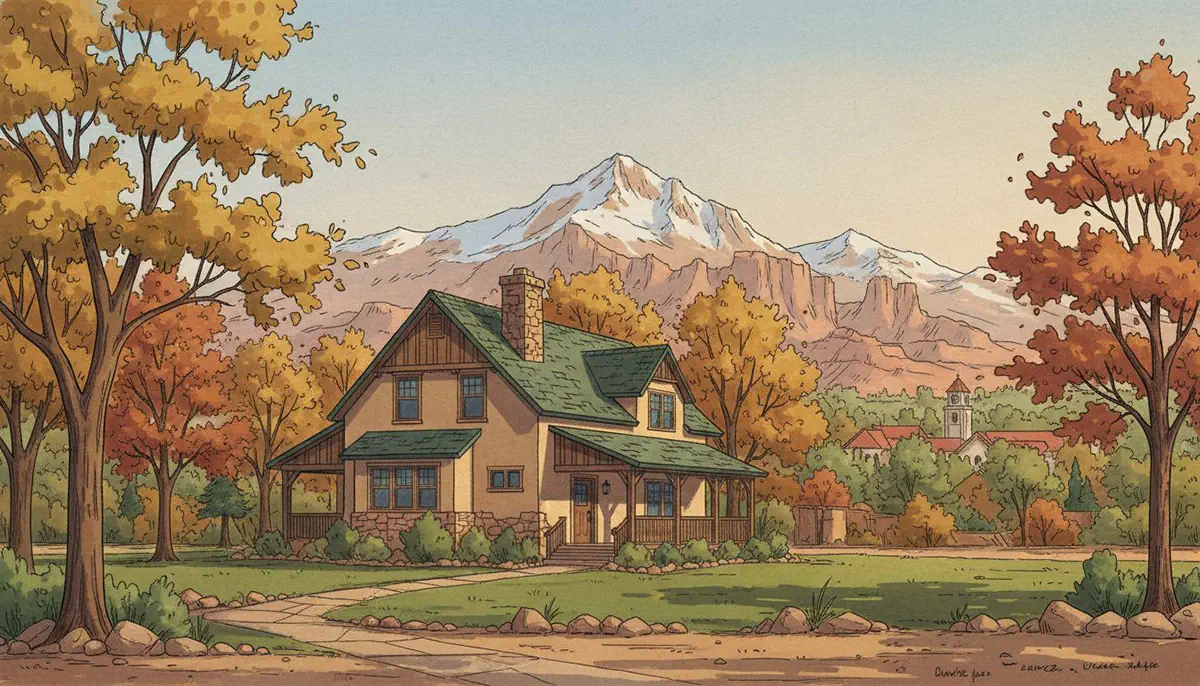 Illustrated Cedar City Utah craftsman home with green roof and stone chimney, snow-capped Markagunt Plateau in the background, autumn-colored trees and green lawn in a four-season mountain valley setting