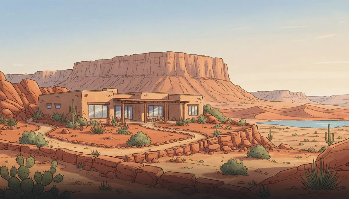 Illustrated Hurricane Utah desert home with covered patio, Hurricane Mesa's flat-topped cliffs dominating the skyline, red sand dunes and a distant reservoir visible across the rugged desert terrain