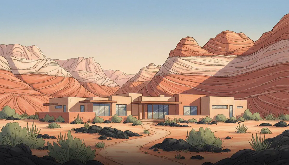 Illustrated Ivins Utah desert-modern home set among black lava rock and native brush, red and white banded Navajo sandstone canyon walls of Snow Canyon State Park rising behind the property