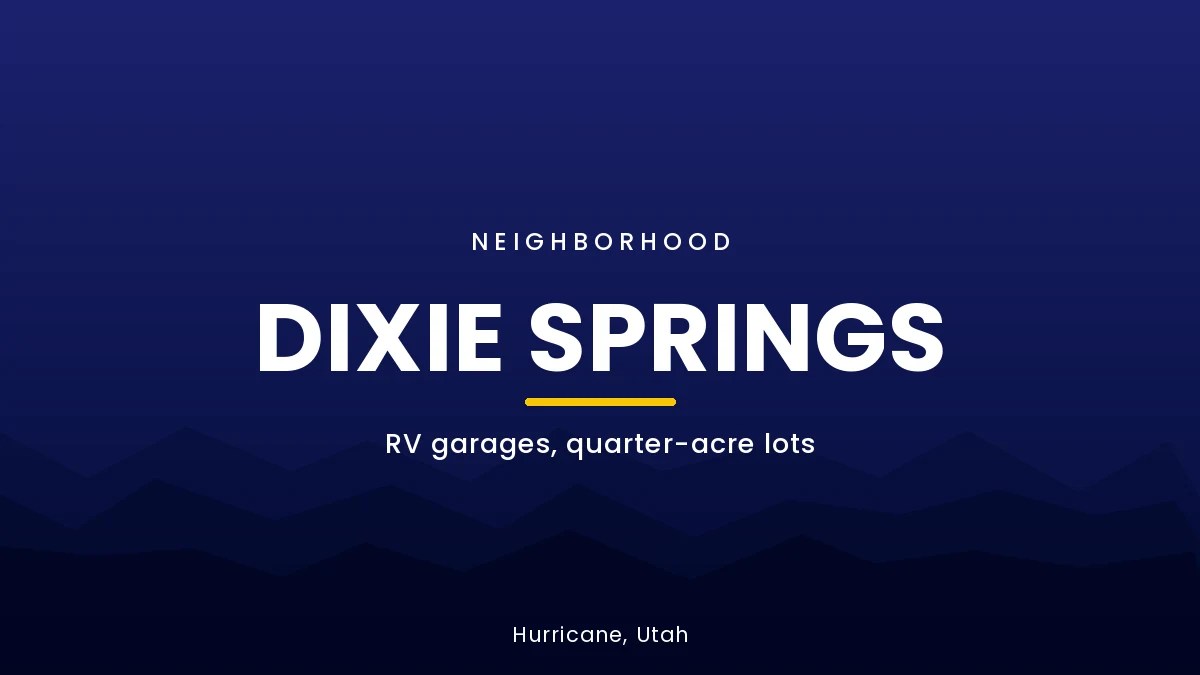 Dixie Springs neighborhood card for Hurricane, Utah featuring no HOA, quarter-acre lots, and RV garages