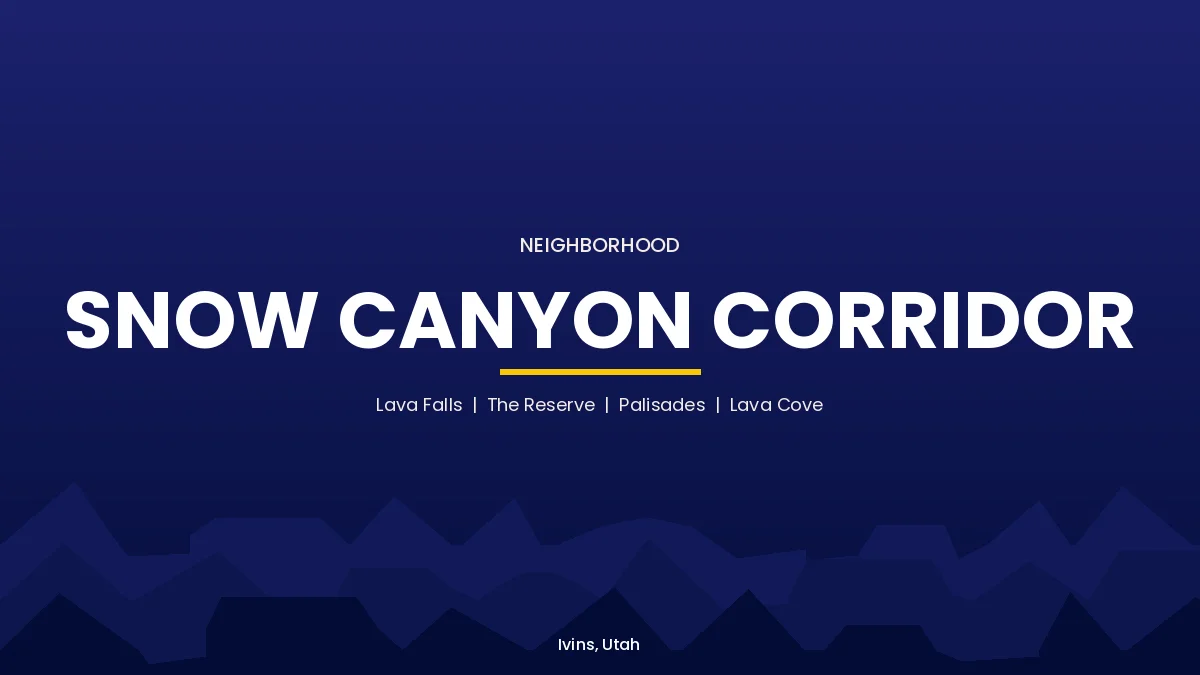Snow Canyon Corridor neighborhood card, Ivins, Utah, covering Lava Falls, The Reserve, Palisades, and Lava Cove communities