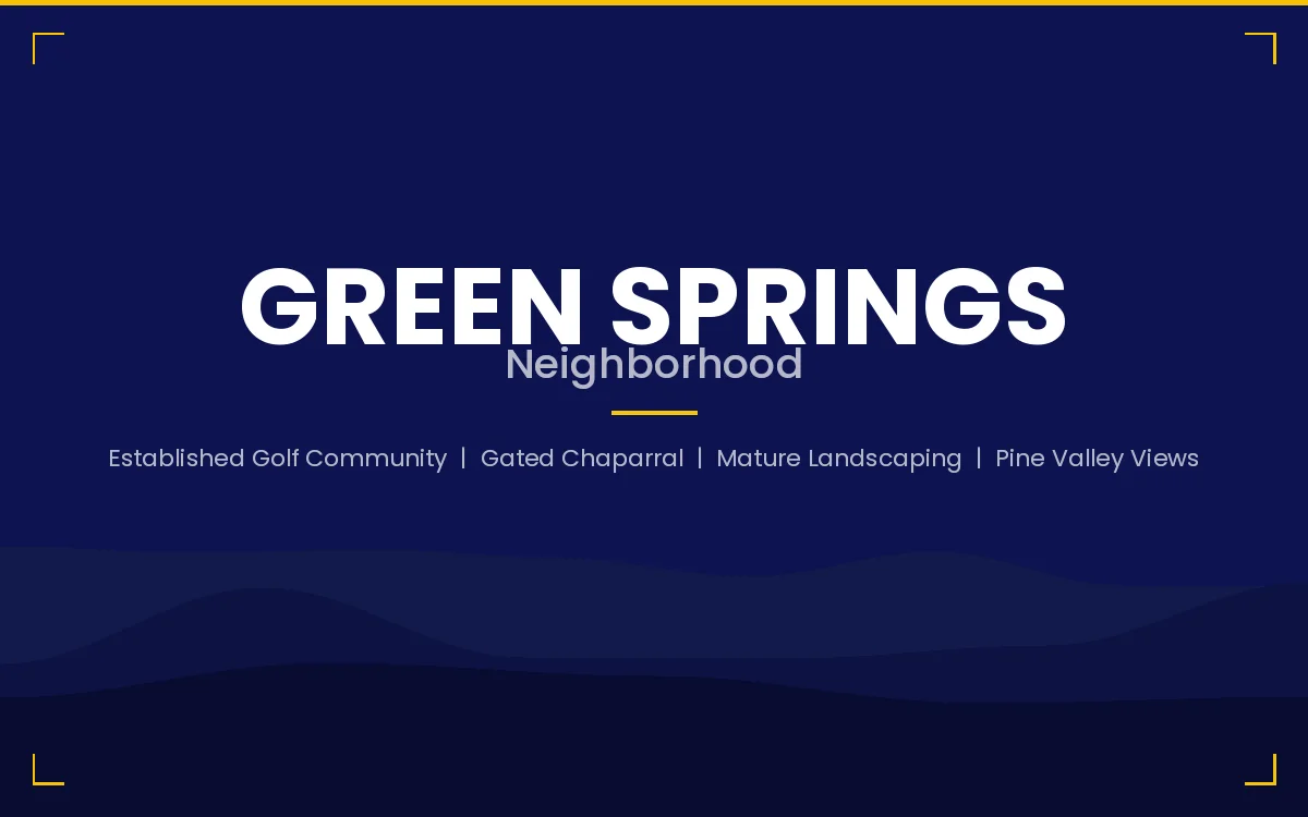 Green Springs neighborhood card for the established golf community in Washington, Utah with gated Chaparral subdivision, mature landscaping, and Pine Valley views