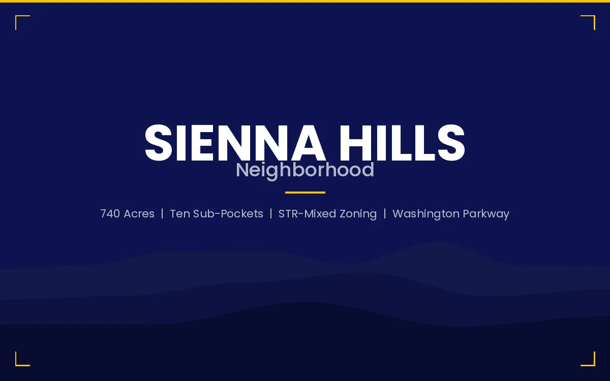Sienna Hills neighborhood card for the 740-acre master plan in Washington, Utah with ten sub-pockets and mixed STR zoning near Washington Parkway