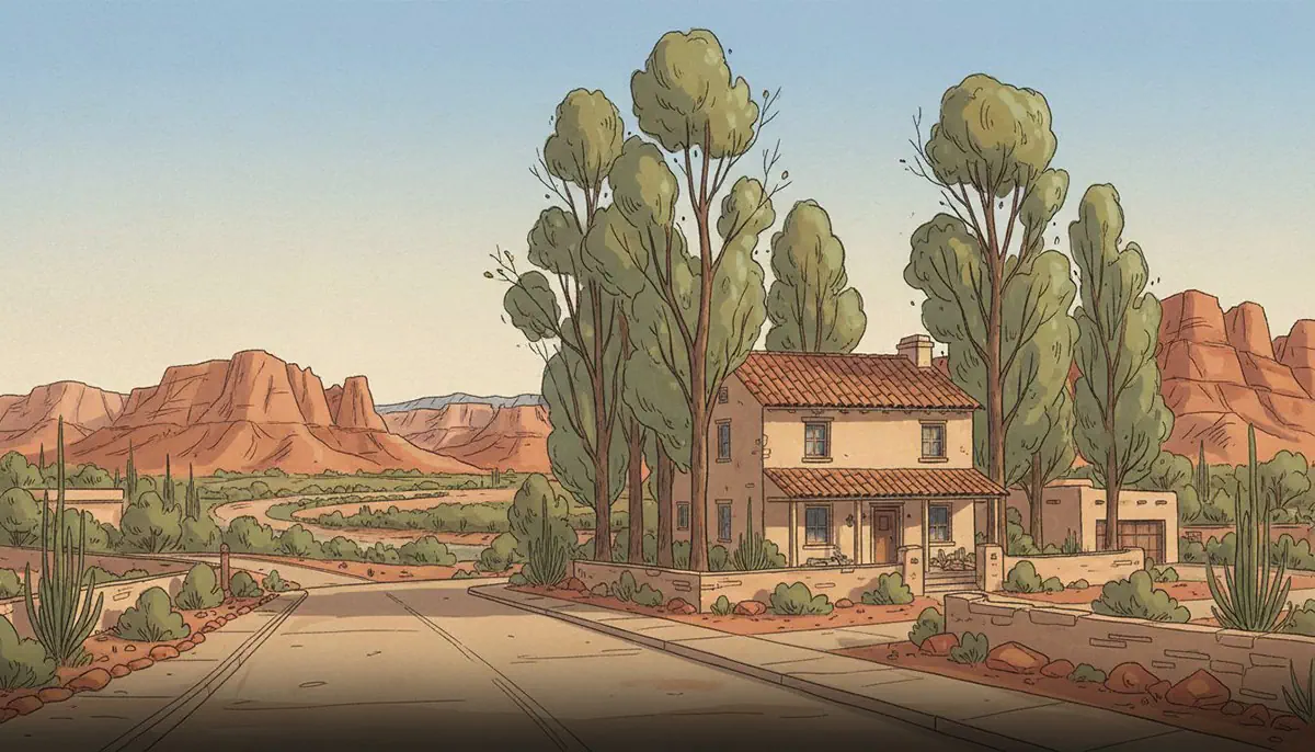 Illustrated Santa Clara Utah heritage-style home on a quiet tree-lined street with tall cottonwoods, the Santa Clara River corridor and red rock bluffs visible in the background