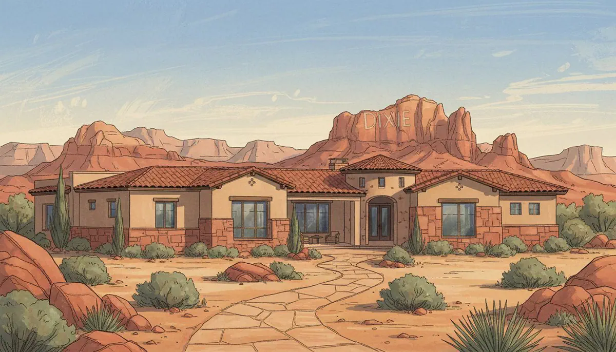 Illustrated St. George Utah home with red clay tile roof and stone accents, Sugarloaf rock with DIXIE letters and layered red rock mesas in the background, desert landscaping with flagstone path in the foreground
