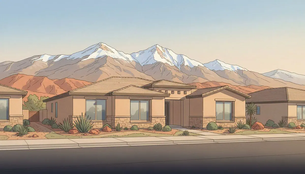 Illustrated Washington Utah newer stucco homes with stone accents and desert landscaping along a wide street, snow-capped Pine Valley Mountains rising across the full background